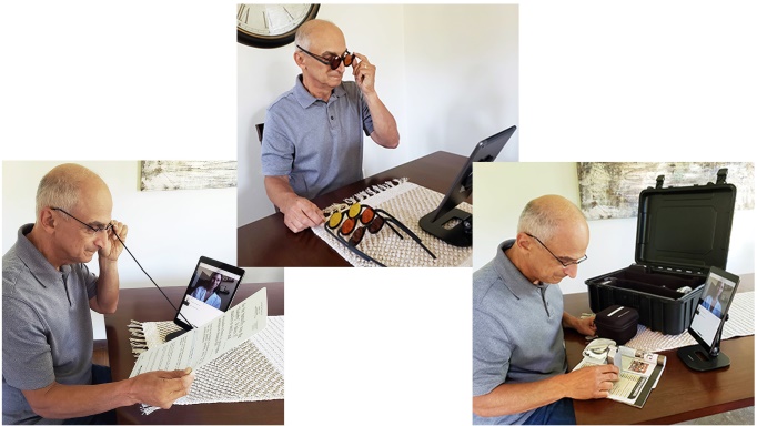 Man Using 3 Parts of Eschenbach Tele-low-vision System